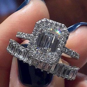 💎Engagement Radiant CZ Micro Pave Silver Plated Wedding Ring Set, UNVN12329